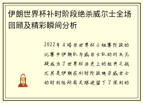 伊朗世界杯补时阶段绝杀威尔士全场回顾及精彩瞬间分析