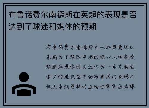 布鲁诺费尔南德斯在英超的表现是否达到了球迷和媒体的预期 布鲁诺费尔南德斯在英超的表现是否达到了球迷和媒体的预期